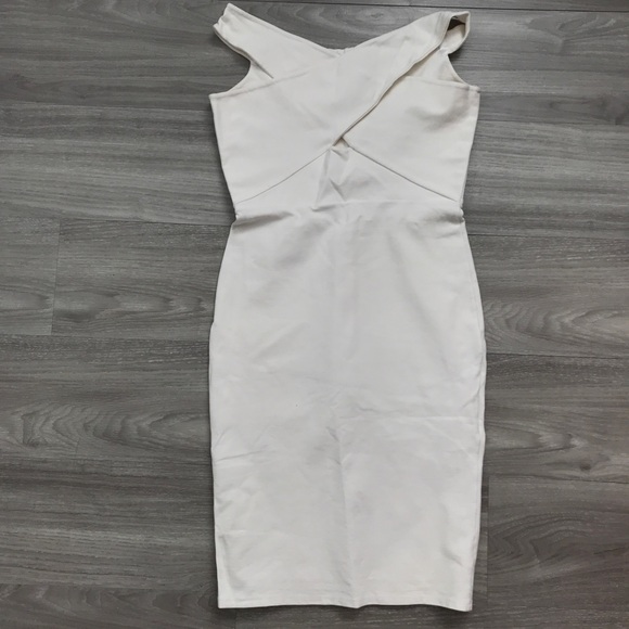 MASON WOMENS WHITE SHEATH DRESS OFF SHOULDER JERSEY MIDI NYE PARTY LARGE - Picture 2 of 9